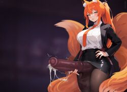 Rule 34 | 1girl, animal ears, animal penis, black skirt, blush, borrowed character, breasts, brown pantyhose, business suit, closed mouth, collared shirt, commission, cum, ejaculation, erection, formal, fox ears, fox girl, fox tail, futanari, glooz art, hand on own hip, highres, horse penis, huge testicles, large breasts, long hair, long sleeves, looking at viewer, necktie, orange eyes, orange hair, orange necktie, original, pantyhose, pencil skirt, penis, ponytail, shirt, skirt, solo, suit, tail, testicles, torn clothes, torn pantyhose, white shirt