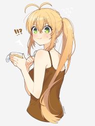 Rule 34 | !?, 1girl, ^^^, antenna hair, blonde hair, blush, commentary, cup, eating, flying sweatdrops, food, from behind, full mouth, green eyes, grey background, highres, holding, holding cup, holding spoon, long hair, looking at viewer, nanaki (mkmk 915), ponytail, pudding, solo, spaghetti strap, spoon, sweat, tsurumaki maki, twitter username, very long hair, voiceroid