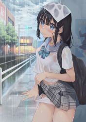 Rule 34 | 1girl, backpack, bag, black hair, blue eyes, blush, bra, breasts, clothes lift, commentary request, embarrassed, highres, lifting own clothes, long hair, original, outdoors, panties, panty pull, pulling own clothes, rain, sailor collar, school uniform, see-through, serafuku, skirt, skirt lift, small breasts, solo, town, tsubure manjuu, underwear, wet, wet clothes, wet hair, white bra, white panties