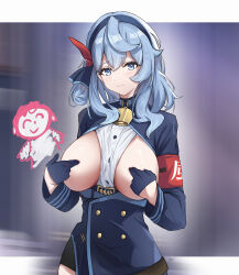 Rule 34 | 1girl, ako (blue archive), armband, bell, blue archive, blue eyes, blue gloves, blue hair, blue hairband, blue jacket, blush, breasts, breasts out, closed mouth, commentary request, covering breasts, covering privates, cowbell, cowboy shot, doodle sensei (blue archive), gloves, hairband, half gloves, highres, jacket, large breasts, long sleeves, looking at viewer, medium hair, neck bell, red armband, sensei (blue archive), shijinconghua, solo focus