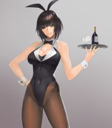 Rule 34 | 1girl, animal ears, bare shoulders, black bow, black bowtie, black hair, blunt bangs, bottle, bow, bowtie, breasts, cleavage, commentary request, covered navel, cup, damegane, detached collar, drinking glass, eyelashes, fake animal ears, green eyes, grey background, hand on own hip, highres, hip focus, holding, holding tray, large breasts, leotard, looking at viewer, original, pantyhose, playboy bunny, rabbit ears, short hair, simple background, smile, solo, thighs, tray, wrist cuffs