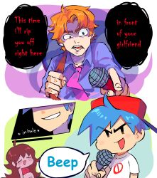 Rule 34 | 1girl, 2boys, :d, absurdres, ahoge, angry, baseball cap, benzbt, blush stickers, boyfriend (friday night funkin&#039;), breasts, brown hair, collared shirt, crazy eyes, english text, friday night funkin&#039;, girlfriend (friday night funkin&#039;), hat, highres, holding, holding microphone, inhaling, medium breasts, messy hair, microphone, multiple boys, necktie, open mouth, senpai (friday night funkin&#039;), shirt, smile, smug, speech bubble, threat, v-shaped eyebrows, white shirt, wing collar
