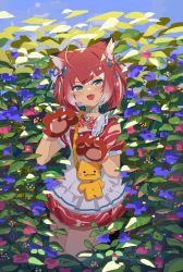 Rule 34 | 1girl, :d, absurdres, ahoge, animal ear fluff, animal ears, animal hands, blue bow, blue eyes, bow, choker, cowboy shot, dress, fang, frilled dress, frills, gloves, hair between eyes, hair bow, hair ornament, highres, kgt (pixiv12957613), looking at viewer, medium hair, open mouth, original, paw gloves, paw pose, plant, red dress, red hair, scenery, short dress, short sleeves, smile, solo, twintails