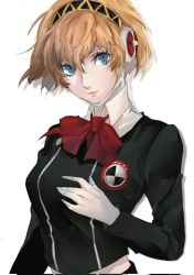 Rule 34 | 1girl, aegis (persona), android, black shirt, blonde hair, blue eyes, bow, bowtie, closed mouth, collared shirt, gekkoukan high school uniform, hair between eyes, hair ornament, hairband, headphones, highres, joints, lips, long sleeves, looking at viewer, persona, persona 3, pertex 777, pink lips, red bow, red bowtie, robot, robot ears, robot joints, school uniform, shirt, short hair, simple background, solo, uniform, upper body, white background