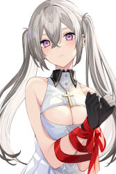 Rule 34 | 1girl, absurdres, bare arms, bare shoulders, black gloves, blush, bound, bound wrists, breasts, cleavage, cleavage cutout, clothing cutout, collared shirt, cross, cross necklace, ear piercing, gloves, grey hair, hair between eyes, highres, jewelry, large breasts, long hair, looking at viewer, necklace, original, parted lips, piercing, purple eyes, red ribbon, ribbon, shirt, sleeveless, sleeveless shirt, solo, takehana note, twintails, upper body, white shirt