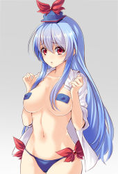Rule 34 | 1girl, blue hair, blue panties, breasts, collarbone, covered erect nipples, cowboy shot, female focus, forearms at chest, gradient background, hat, kamishirasawa keine, large breasts, long hair, midriff, navel, no bra, open clothes, open shirt, panties, pasties, red eyes, shio kouji (shiokojii), shirt, solo, touhou, underwear, very long hair