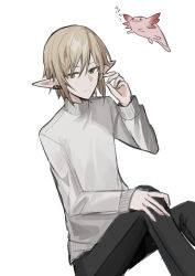 Rule 34 | 1boy, axolotl, black pants, blonde hair, chihuri, closed mouth, feet out of frame, final fantasy, final fantasy xiv, green eyes, hair between eyes, hand on own knee, hand up, highres, knees up, long sleeves, looking at viewer, male focus, pants, pointy ears, simple background, sitting, sleeves past wrists, solo, sweater, turtleneck, turtleneck sweater, white background, white sweater, zephirin de valhourdin