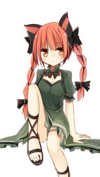 Rule 34 | 1girl, animal ears, bow, braid, cat ears, cross-laced footwear, feet, gladiator sandals, hair bow, kaenbyou rin, red eyes, red hair, sandals, sitting, solo, thighs, toes, touhou, twin braids, white background, yuuhagi (amaretto-no-natsu)