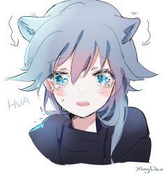 Rule 34 | 1girl, :o, animal ears, artist name, black hair, black hoodie, blue eyes, cat ears, character name, close-up, crying, crying with eyes open, fu hua, hair between eyes, highres, honkai (series), honkai impact 3rd, hood, hoodie, long hair, open mouth, shirt, simple background, solo, tearing up, tears, white background, white shirt