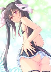 Rule 34 | ass, bare arms, bikini, black bikini, black hair, breasts, cowboy shot, expressionless, frilled bikini, frills, from behind, hair between eyes, hand on own ass, highres, long hair, long twintails, looking back, miyanome, open mouth, original, panties, pantyshot, red eyes, small breasts, sweatdrop, swimsuit, thigh strap, thighs, turning head, twintails, underwear, very long hair, white panties