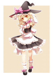 Rule 34 | 1girl, adjusting clothes, adjusting headwear, blonde hair, bow, female focus, hat, highres, kirisame marisa, mary janes, moru, orange eyes, shoes, smile, socks, solo, standing, touhou, white socks, witch, witch hat, yellow eyes