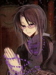 Rule 34 | 1boy, bead necklace, beads, black eyes, black hair, black jacket, chinese commentary, closed mouth, commentary request, curtained hair, highres, huai yunqing, huan-ye, jacket, jewelry, long hair, long sleeves, male focus, mandarin collar, necklace, open clothes, open jacket, palms together, parted bangs, prayer beads, purple-tinted eyewear, purple shirt, shenggong (touqi guaitan), shirt, smile, tinted eyewear, touqi guaitan