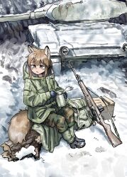 Rule 34 | 1girl, absurdres, animal ears, boots, brown eyes, brown hair, can, closed mouth, eating, fox ears, fox girl, fox girl (yihan1949), fox tail, gloves, gun, highres, holding, looking afar, looking to the side, military uniform, military vehicle, motor vehicle, original, rifle, scope, sitting, sniper rifle, snow, solo, tail, tank, uniform, weapon, winter, yihan1949
