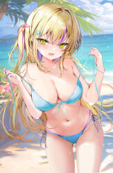 Rule 34 | 1girl, :d, bare arms, bare shoulders, beach, bikini, blonde hair, blue bikini, blue sky, breasts, cleavage, cloud, cloudy sky, collarbone, colored inner hair, commentary request, day, fang, front-tie bikini top, front-tie top, green eyes, gyaru, hair between eyes, hair ornament, hairclip, horizon, large breasts, long hair, looking at viewer, multicolored hair, navel, ocean, one side up, open mouth, original, outdoors, palm tree, pon (ponidrop), purple hair, sand, side-tie bikini bottom, sky, smile, solo, star (symbol), star hair ornament, swimsuit, tree, very long hair, water