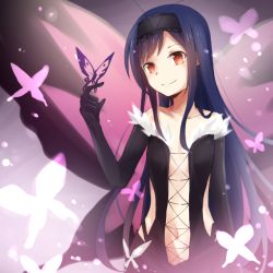 Rule 34 | 10s, 1girl, accel world, antenna hair, bare shoulders, black hair, bug, butterfly, butterfly wings, dress, elbow gloves, gloves, hairband, insect, insect wings, kuroyukihime, lilya, long hair, looking at viewer, navel, red eyes, smile, solo, wings