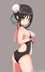 Rule 34 | 1girl, artist name, ass, back cutout, bare shoulders, black hair, breasts, bun cover, clothing cutout, colored eyelashes, commentary request, competition swimsuit, covered erect nipples, dated, double bun, expressionless, fate/grand order, fate (series), green eyes, grey background, hair bun, haryu moe, highres, looking at viewer, looking back, medium breasts, one-piece swimsuit, qin liangyu (fate), shiny skin, sidelocks, simple background, skin tight, solo, standing, swimsuit, white one-piece swimsuit