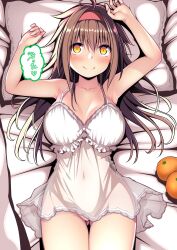 Rule 34 | 1girl, absurdres, ahoge, bed sheet, blush, breasts, brown eyes, brown hair, closed mouth, collarbone, cowboy shot, dress, food, fruit, gluteal fold, hair between eyes, hair flaps, hairband, heart, highres, jewelry, kantai collection, kuromayu, large breasts, long hair, mandarin orange, pillow, red hairband, ring, shiratsuyu (kancolle), shiratsuyu kai ni (kancolle), smile, solo, speech bubble, thigh gap, translated, wedding ring, white dress