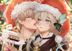 1boy 1girl absurdres blush caelus_(honkai:_star_rail) cake christmas_tree commission cream firefly_(honkai:_star_rail) food food_on_face grey_hair hair_between_eyes hat highres honkai:_star_rail honkai_(series) licking licking_another&#039;s_face lightningaddict long_hair portrait realize_(re-alize) red_hat santa_hat short_hair trailblazer_(honkai:_star_rail) two-tone_eyes yellow_eyes