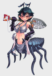 Rule 34 | 1girl, :p, animal hands, ant, ant arachne, ant girl, antennae, arachne, arthropod girl, arthropod limbs, bad id, bad pixiv id, black hair, bug, elbow gloves, full body, gloves, hybrid, insect, insect girl, kenkou cross, looking at viewer, lowres, midriff, monster girl, monster girl encyclopedia, official art, original, pointy ears, red eyes, short hair, shovel, silk, simple background, solo, spider girl, spider web, taur, tongue, tongue out, worktool