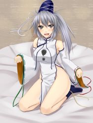 Rule 34 | &gt;:d, 1girl, :d, adapted costume, akitsuki karasu, bare hips, bare shoulders, blush, boots, bottomless, breasts, china dress, chinese clothes, detached sleeves, dress, female focus, grey eyes, grey hair, hat, highleg, highres, hip focus, large breasts, long hair, long sleeves, looking at viewer, mononobe no futo, naked tabard, no panties, on bed, open mouth, pom pom (clothes), ponytail, seiza, shirt, side slit, sitting, smile, solo, tabard, tate eboshi, touhou, v-shaped eyebrows, wide hips, wide sleeves