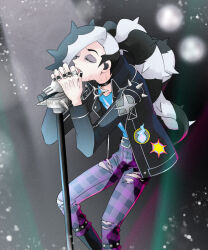 Rule 34 | 1boy, black hair, black jacket, blue shirt, closed eyes, creatures (company), dabu (dabuchan), earpiece, eyeshadow, feet out of frame, game freak, highres, jacket, long hair, makeup, male focus, microphone stand, multicolored hair, music, nail polish, nintendo, official alternate costume, pants, pendant choker, piers (pokemon), piers (sygna suit) (pokemon), plaid, plaid pants, pokemon, pokemon masters ex, shirt, singing, solo, sparkle, sweat, two-tone hair