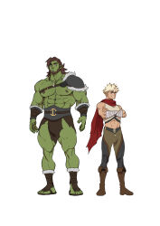 Rule 34 | 2boys, abs, absurdres, armor, bandaged arm, bandages, bara, black footwear, blonde hair, boots, bracer, brown footwear, brown hair, brown pants, cape, character sheet, chest belt, colored skin, crossed arms, eyebrow cut, full body, green skin, height difference, highres, hogen &amp; sparrow, jewelry, loincloth, looking at another, looking at viewer, male focus, monster boy, multiple boys, muscular, muscular male, navel, necklace, nipples, orc, pants, pauldrons, pectorals, ponytail, red cape, shoulder armor, simple background, single pauldron, size difference, smile, standing, suyohara, tank top, teeth, thick eyebrows, tusks, white background, yellow tank top