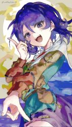 Rule 34 | 1girl, :d, aokihatoba 01, blue eyes, blue hair, cape, commentary request, hair between eyes, highres, index finger raised, long sleeves, looking at viewer, multicolored clothes, open mouth, patchwork clothes, short hair, sky print, smile, solo, teeth, tenkyuu chimata, touhou, twitter username, upper body, upper teeth only, white cape