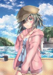 Rule 34 | 1girl, alternate costume, bad id, bad pixiv id, blue sky, breasts, cloud, cloudy sky, collarbone, commentary request, day, eyepatch, green hair, hat, hood, hooded jacket, jacket, kantai collection, kiso (kancolle), long sleeves, looking at viewer, outdoors, short hair, sky, small breasts, solo, standing, water, yuihira asu