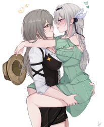 2girls absurdres aqua_dress arms_around_neck arnkun black_hairband black_shorts black_vest commentary dress english_commentary eye_contact firefly_(honkai:_star_rail) from_side grabbing_another&#039;s_ass grey_hair groping hairband hand_on_another&#039;s_waist hat heart highres holding holding_hat holding_unworn_clothes honkai:_star_rail honkai_(series) long_hair long_sleeves looking_at_another multiple_girls off-shoulder_dress off_shoulder parted_lips profile purple_eyes shirt shorts simple_background smile stelle_(honkai:_star_rail) trailblazer_(honkai:_star_rail) vest white_background white_shirt yellow_eyes yuri