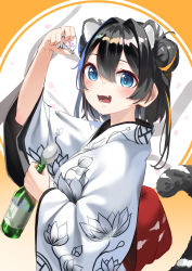 Rule 34 | 1girl, :d, absurdres, animal ear fluff, animal ears, arm up, black hair, blue eyes, bottle, breasts, chinese zodiac, commentary, cup, double bun, drinking glass, english commentary, fang, floral print, hair between eyes, hair bun, hair intakes, highres, holding, holding bottle, holding cup, japanese clothes, kimono, kimyo, long sleeves, looking at viewer, medium breasts, multicolored hair, open mouth, orange hair, original, print kimono, smile, solo, spoon, streaked hair, tail, tiger ears, tiger girl, tiger tail, white kimono, wide sleeves, year of the tiger