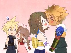 Rule 34 | !?, &gt; &lt;, 2boys, 2girls, aerith gainsborough, armor, back bow, bangle, bare shoulders, belt, blonde hair, blue pants, blue shirt, blue skirt, blush, bow, bracelet, braid, braided ponytail, brown hair, cloud strife, couple, cropped jacket, detached sleeves, dress, earrings, english text, final fantasy, final fantasy vii, final fantasy x, fingerless gloves, gloves, green eyes, hair between eyes, hair ornament, hair ribbon, holding hands, hood, hooded jacket, jacket, japanese clothes, jealous, jewelry, kiss, krudears, long hair, multiple boys, multiple girls, open mouth, pants, parted bangs, pink background, pink dress, pink ribbon, pleated skirt, pointing, pouty lips, red jacket, ribbon, shirt, short hair, shoulder armor, sidelocks, single earring, skirt, sleeveless, sleeveless turtleneck, sparkle, spiked hair, square enix, suspenders, sweatdrop, tidus, turtleneck, white shirt, yuna