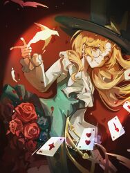 1girl absurdres bird black_hat black_shorts blonde_hair brown_eyes card cowboy_shot finger_gun floating_hair frilled_sleeves frills grey_vest hand_up hat highres long_hair looking_at_viewer magician melania_(reverse:1999) monocle official_alternate_costume playing_card red_background reverse:1999 san_sui_dingshang_ya shadow shirt shorts smile solo spotlight top_hat vest white_bird white_shirt