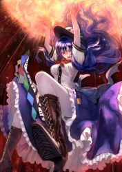 Rule 34 | 1girl, arms up, blue hair, boots, breasts, cross-laced footwear, dress, energy ball, female focus, fire, food, from below, fruit, hat, hinanawi tenshi, long hair, open mouth, pantyhose, peach, red eyes, ryuuzaki ichi, skirt, solo, touhou, white pantyhose