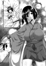Rule 34 | 10s, 1boy, 1girl, admiral (kancolle), belt, blush, breasts, chain, commentary request, cuffs, greyscale, hair ribbon, hakama, hakama short skirt, hakama skirt, head tilt, heart, japanese clothes, kantai collection, kimono, large breasts, lying, monochrome, navel, on side, open mouth, ribbon, shackles, skirt, smile, souryuu (kancolle), topless, twintails, undressing, wide sleeves, yandere, yokai (yokai0401), you gonna get raped