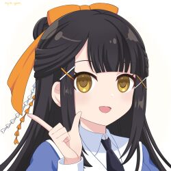 Rule 34 | 1girl, :d, assault lily, black hair, black necktie, blue jacket, blunt bangs, bow, collared shirt, commentary request, gradient background, hair bow, hair ornament, half updo, hand up, highres, index finger raised, jacket, long hair, long sleeves, looking at viewer, necktie, odaiba girls high school uniform, open mouth, orange bow, piatin, portrait, school uniform, shirt, smile, solo, tsukioka momiji, twitter username, white background, white shirt, x hair ornament, yellow background, yellow eyes