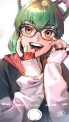 Rule 34 | 1girl, absurdres, animal ear fluff, animal ears, black gloves, black hoodie, blush, camera phone, cat ears, cat girl, eyelashes, fingerless gloves, fingernails, girl dm, girl dm (2nd costume), glasses, gloves, green hair, hands up, highres, hood, hoodie, indie virtual youtuber, limart, long sleeves, looking at viewer, nail polish, open mouth, red gloves, red hood, red nails, short hair, simple background, sleeves past wrists, smile, solo, teeth, virtual youtuber, white background, white sleeves, yellow eyes