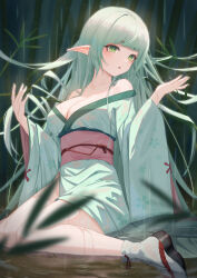 Rule 34 | 1girl, absurdres, bare shoulders, blunt bangs, blurry, blurry foreground, blush, breasts, cleavage, fang, floral print, green eyes, green hair, green kimono, highres, japanese clothes, kimono, large breasts, long hair, long sleeves, mole, mole under eye, obi, off shoulder, original, partially submerged, pige pig, pointy ears, print kimono, rain, sandals, sash, short eyebrows, sitting, solo, wariza, wide sleeves, zouri