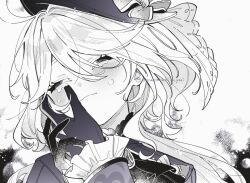Rule 34 | 1boy, 1girl, :3, ahoge, blush, closed eyes, closed mouth, crying, frilled sleeves, frills, furina (genshin impact), genshin impact, gloves, greyscale, hand on another&#039;s cheek, hand on another&#039;s face, hat, long hair, low twintails, monochrome, neuvillette (genshin impact), okuchichiccyai, pov, pov hands, smile, top hat, twintails, very long hair