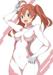 Rule 34 | 1girl, :d, absurdres, ahoge, aqua eyes, bodysuit, breasts, brown hair, commentary request, covered navel, darling in the franxx, hair between eyes, hand on own hip, highres, medium breasts, miku (darling in the franxx), open mouth, pilot suit, short hair, sia namsbinpeni, smile, solo, twintails, v, white bodysuit