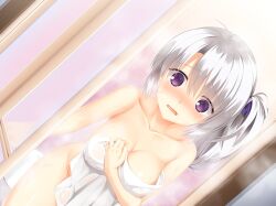 Rule 34 | 1girl, 8kumagawa (log), @ @, ahoge, arm under breasts, ayachi nene, bare arms, bare shoulders, bathroom, blue bow, blush, bow, breasts, cleavage, collarbone, covered erect nipples, covering privates, covering breasts, door, dutch angle, embarrassed, furrowed brow, groin, hair between eyes, hair bow, indoors, leaning forward, long hair, looking at viewer, medium breasts, naked towel, open mouth, opening door, polka dot, polka dot bow, purple eyes, sanoba witch, side ponytail, sidelocks, solo, standing, steam, thighs, towel, wet, wet hair, white hair, white towel