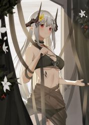 Rule 34 | 1girl, arknights, backlighting, bare shoulders, bikini, black bikini, black choker, blush, choker, cine (wazd0183), closed mouth, flower, hair flower, hair ornament, hands up, highres, holding, horns, infection monitor (arknights), long hair, looking at viewer, midriff, mudrock (arknights), mudrock (silent night) (arknights), navel, official alternate costume, pointy ears, see-through, sidelocks, solo, standing, swimsuit, thighs