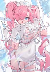Rule 34 | 1girl, bandages, bandaid, blue eyes, breasts, buttons, dress, fishnets, gloves, hair over one eye, hat, intravenous drip, large breasts, long hair, looking at viewer, nurse, nurse cap, one eye covered, open mouth, original, pink hair, puffy sleeves, saku nosuke, solo, suzette (sa9no), syringe, thick eyebrows, twintails, very long hair, white dress, white gloves