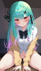 Rule 34 | 1girl, aqua hair, aqua nails, bar censor, between legs, blush, bow, bowtie, braid, brown cardigan, bug, butterfly, butterfly-shaped pupils, butterfly hair ornament, cardigan, censored, colored inner hair, commentary request, earrings, embarrassed, green hair, hair between eyes, hair bow, hair ornament, hand between legs, heart, heart earrings, highres, hololive, indoors, insect, jewelry, kurono yuzuko, long hair, looking at viewer, multicolored hair, official alternate costume, official alternate hairstyle, open mouth, plaid, plaid bow, plaid bowtie, purple hair, pussy, red eyes, shirt, side braid, sitting, solo, sunlight, symbol-shaped pupils, thighs, uruha rushia, uruha rushia (school uniform), virtual youtuber, white shirt, wooden floor, x hair ornament