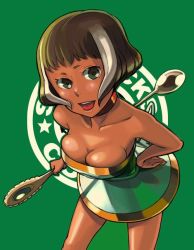 Rule 34 | 1girl, bowieknife, breast press, breasts, brown hair, cleavage, coffee-tan, collar, dark skin, dark-skinned female, food-themed clothes, green eyes, holding, holding spoon, large breasts, multicolored hair, product girl, short hair, solo, spoon, starbucks