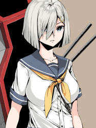 Rule 34 | 1girl, blue eyes, blue sailor collar, breasts, brown background, hair between eyes, hair ornament, hair over one eye, hairclip, hamakaze (kancolle), kantai collection, kurou (bcrow), large breasts, neckerchief, parted lips, rigging, sailor collar, school uniform, serafuku, shaded face, short sleeves, silver hair, simple background, solo, upper body, yellow neckerchief