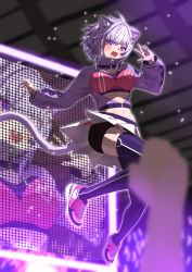 Rule 34 | 1girl, :3, animal ear fluff, animal ears, black shorts, black thighhighs, blurry, blurry background, cat ears, cat girl, cat tail, commentary request, concert, full body, glowstick, highres, hologram, hololive, jacket, kyo se, midair, midriff, navel, nekomata okayu, official alternate costume, open clothes, open jacket, open mouth, pink tube top, pleated skirt, purple eyes, purple hair, purple jacket, purple tail, short hair, shorts, skirt, solo focus, sparkle, strapless, tail, thighhighs, tube top, virtual youtuber, white skirt