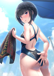 Rule 34 | 1girl, ass, back, black eyes, black hair, black one-piece swimsuit, blue sky, bob cut, breasts, cloud, competition swimsuit, cowboy shot, from behind, from below, hassen (8cm), holding, holding towel, idolmaster, idolmaster cinderella girls, looking at viewer, looking back, one-piece swimsuit, shirayuki chiyo, short hair, shoulder blades, sky, small breasts, solo, swimsuit, towel, wet, wet clothes, wet swimsuit