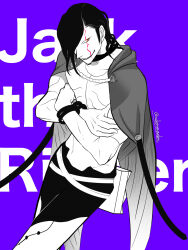 Rule 34 | 1boy, absurdres, black clover, black hair, cracked skin, crossed arms, feet out of frame, greyscale with colored background, hair over one eye, highres, jack the ripper (black clover), male focus, purple background, short hair, skinny, smirk, spot color, udonmoudon