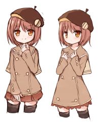 Rule 34 | 1girl, beret, blush, brown eyes, brown hair, brown hat, brown jacket, brown skirt, brown thighhighs, closed mouth, cropped legs, hair between eyes, hand up, hands up, hat, jacket, long sleeves, multiple views, original, pleated skirt, simple background, skirt, sleeves past wrists, smile, thighhighs, white background, yuuhagi (amaretto-no-natsu)