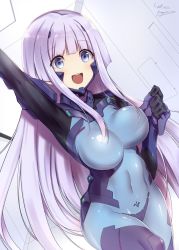 Rule 34 | 1girl, :d, blue eyes, bodysuit, breasts, clenched hand, commission, covered navel, fortified suit, hand up, highres, impossible bodysuit, impossible clothes, inia sestina, looking ahead, makishima azusa, medium breasts, muv-luv, muv-luv alternative, muv-luv total eclipse, open mouth, signature, silver hair, skeb commission, skin tight, smile, solo, waving